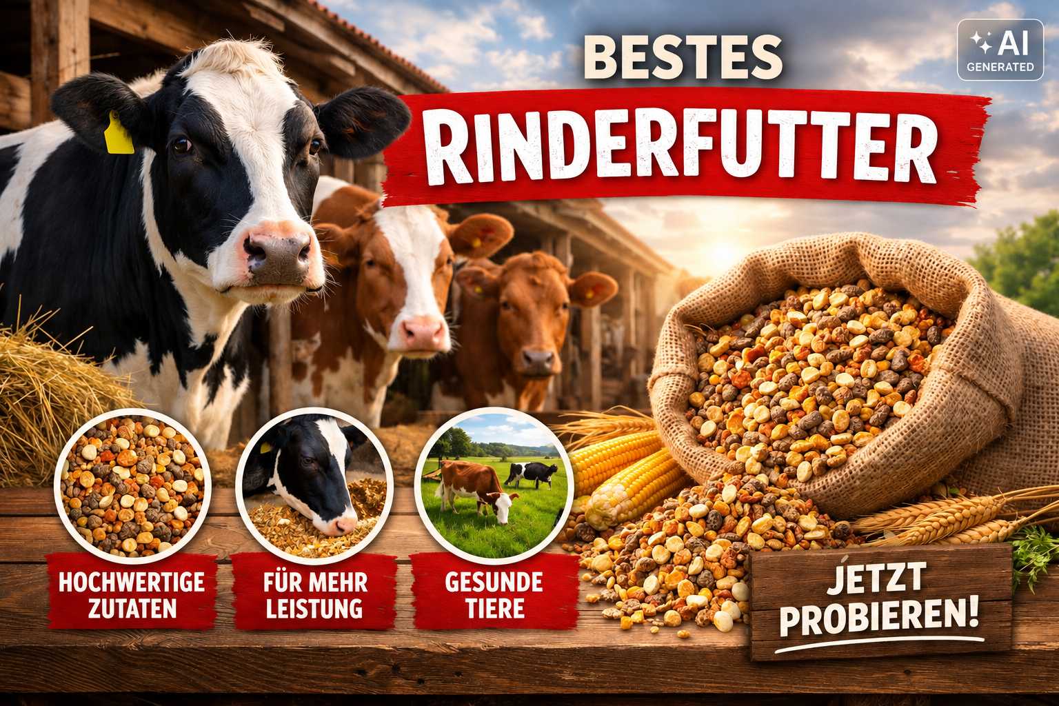 Rinder mit Futtermischung aus Getreide und weiteren Zutaten vor einem Stall